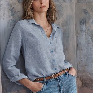 NWT Women's Garnet Hill Blue Linen Button Up Shirt Long Sleeve Size 12